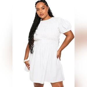 Boohoo Plus Cotton Shirred Elegant White Puff Sleeve Skater Dress Size 22 BNWT